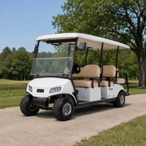 Voiturette blanche Club Car Villager 6 places dans un parc