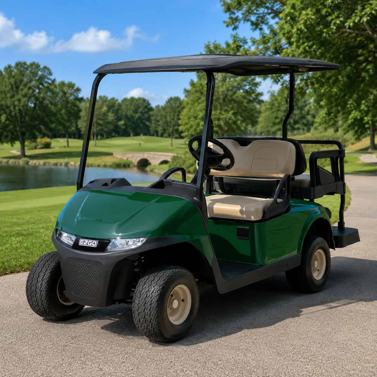 Golfette verte Ezgo dans un parc
