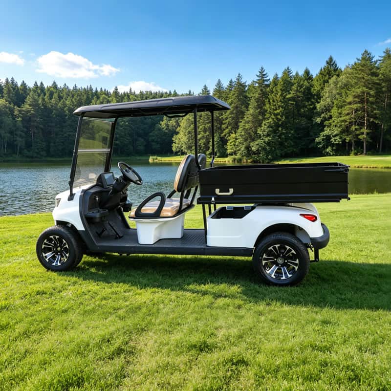 vue latérale de la golfette électrique Eagle avec benne