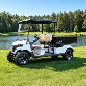 Voiturette blanche avec benne longue dans un parc