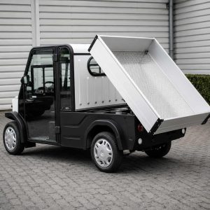 Camionnette avec benne LV City grise et noire. La benne bascule