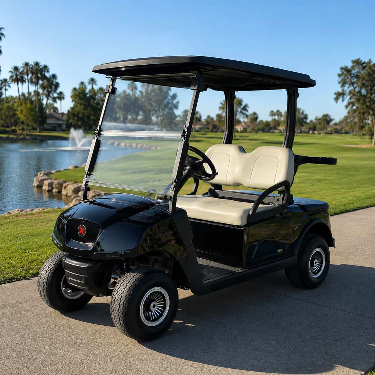 Voiturette de golf Madjax X2 bleu dans un parc