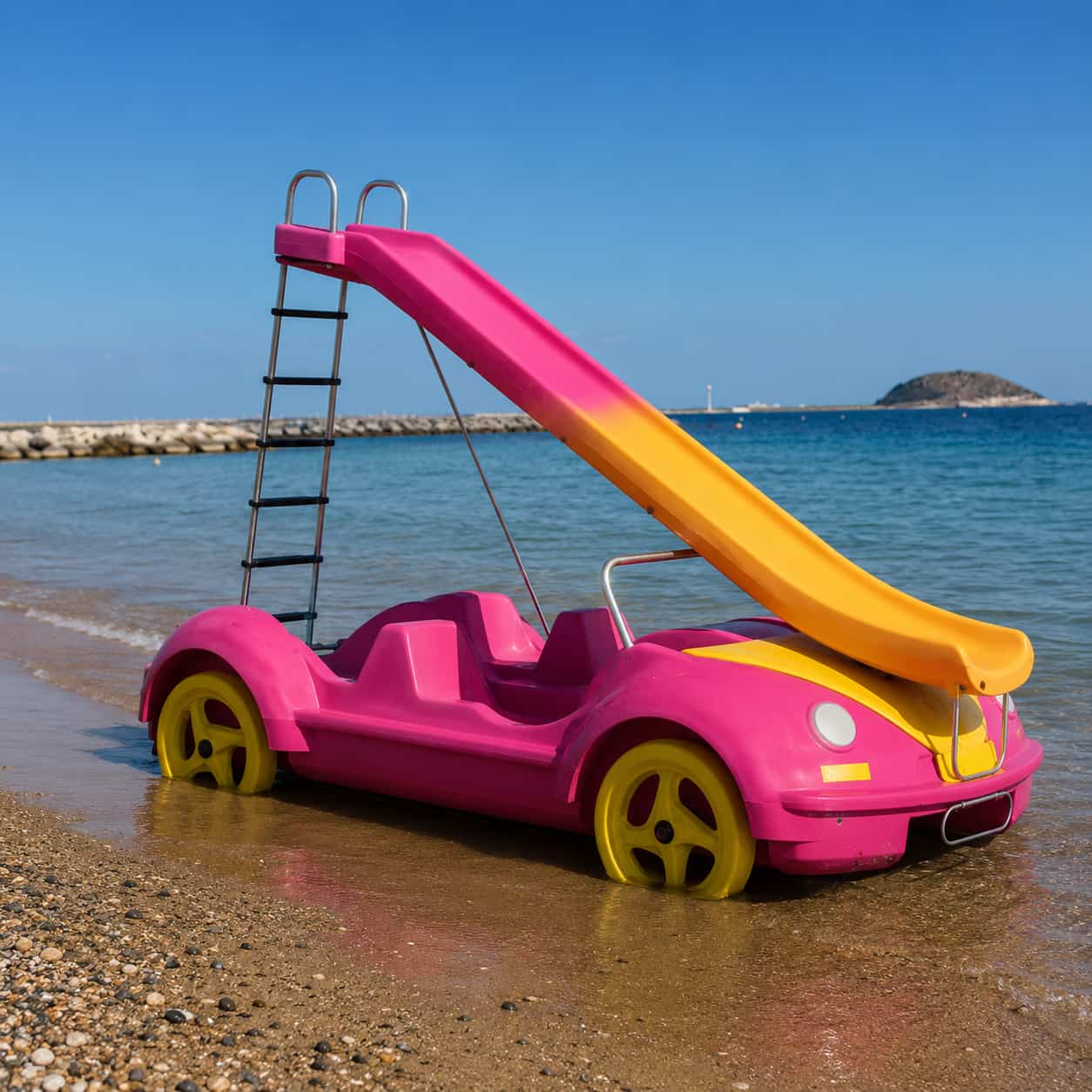 Pédalo Hidrobeetle rose en forme de voiture avec toboggan jaune et rose.