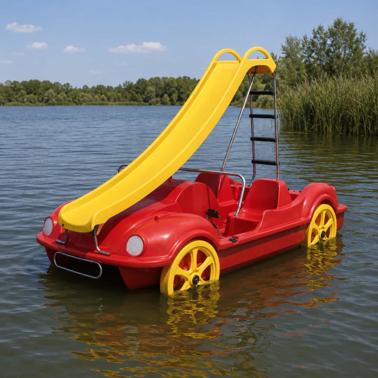 Pédalo New Beetle rouge avec toboggan jaune au bord de la mer.