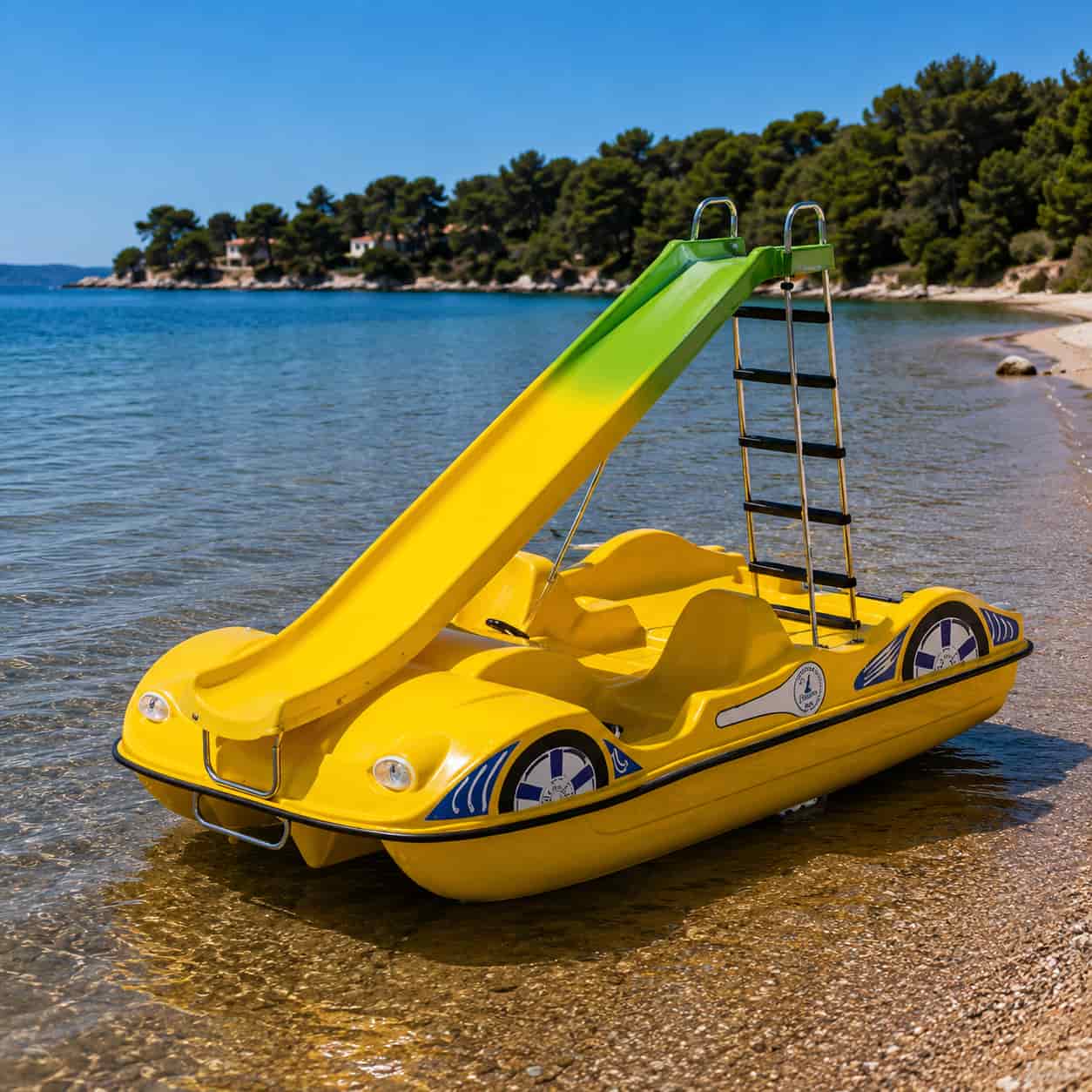 Pédalo Hidroferrari jaune avec toboggan jaune, style voiture sportive.