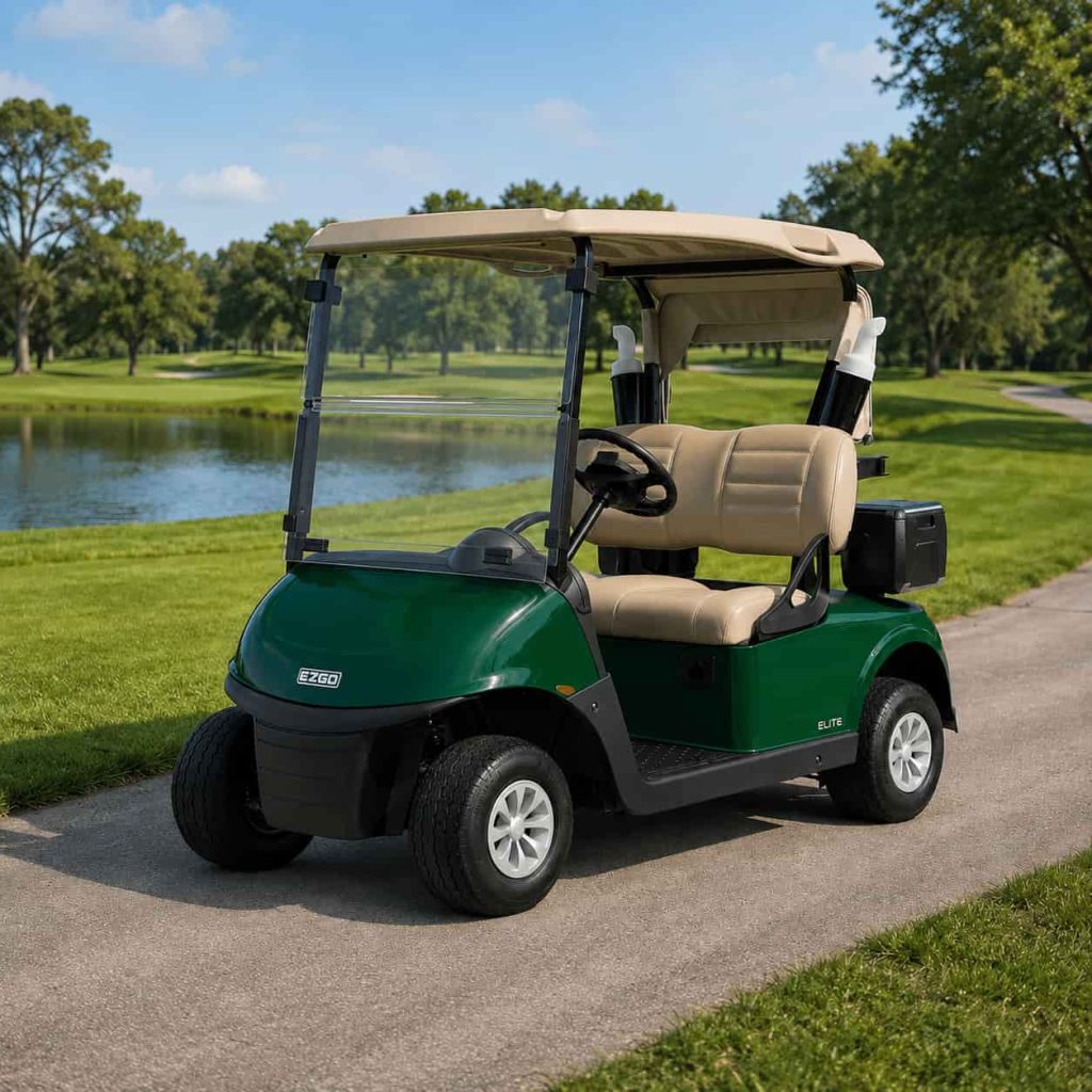 Golfette Ezgo RXV verte sur un terrain de golf