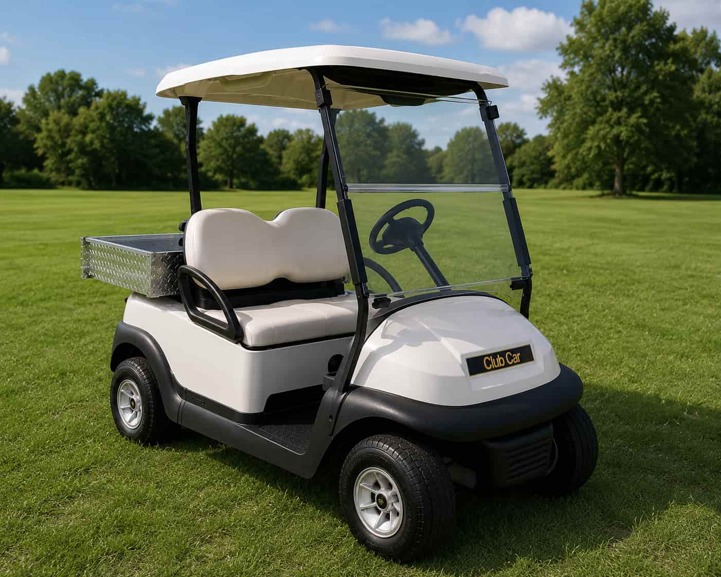 La golfette Club Car blanche sur un terrain vert