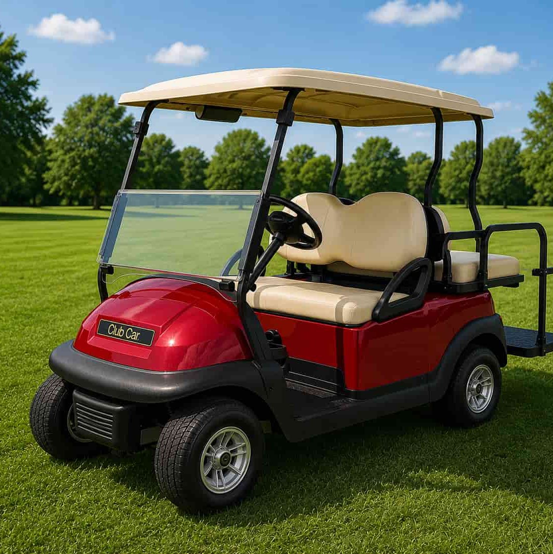 Golfette rouge sur un terrain vert