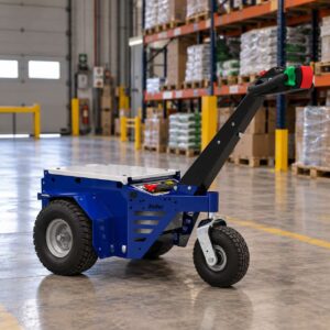 Le tracteur électrique Jobby M4 bleu dans une usine