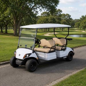 Voiturette blanche Yamaha dans un resort