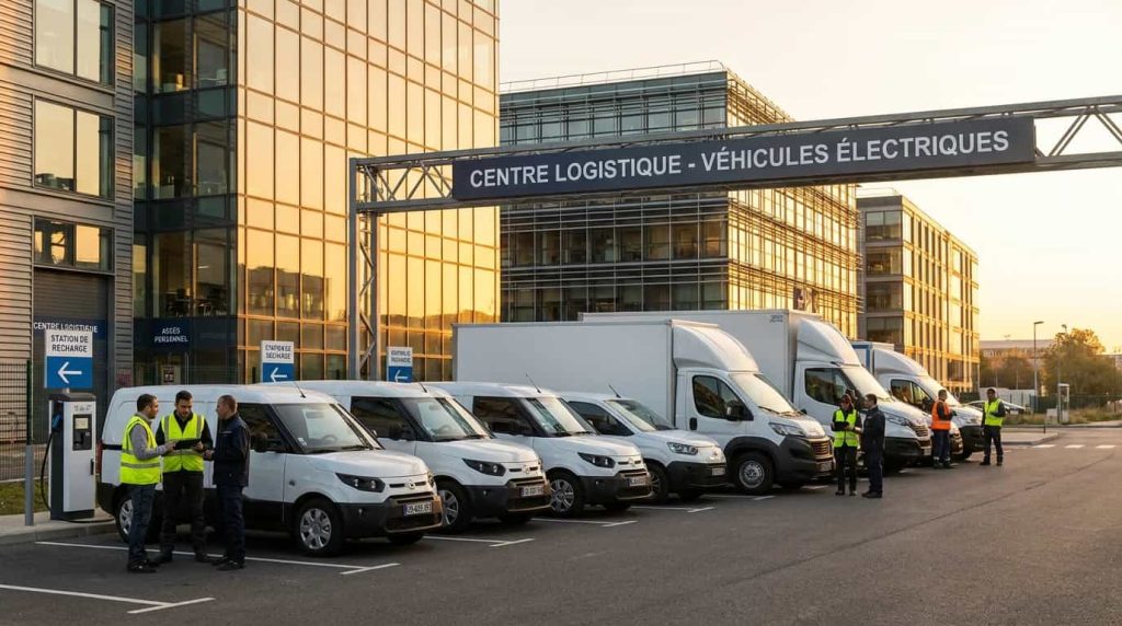 Flotte de véhicules utilitaires électriques dans un centre logistique en France