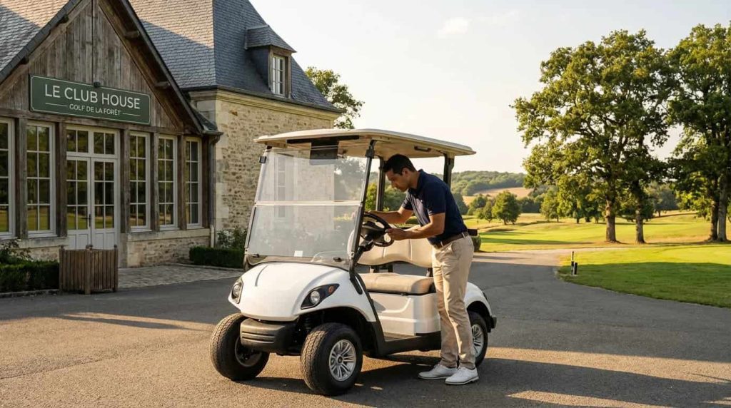 Voiturette de golf d'occasion garée devant un club house en France