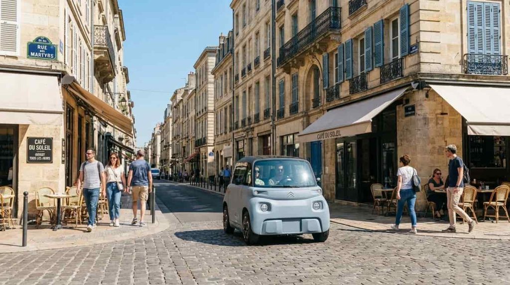 Voiture sans permis roulant à faible vitesse dans une rue française