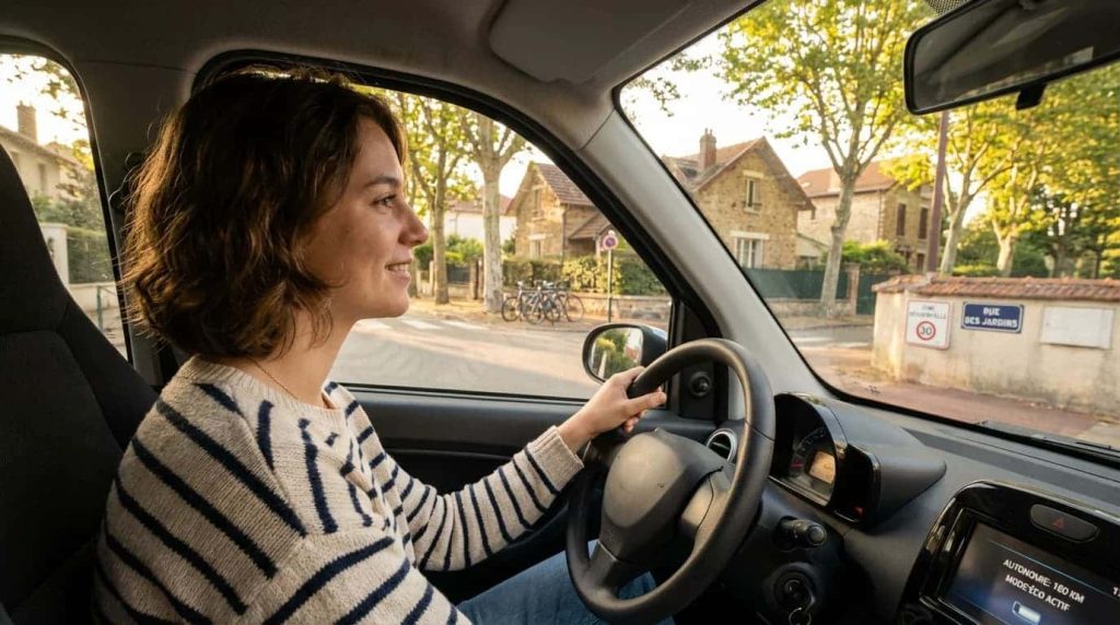 Jeune conductrice au volant d'une voiture sans permis dans un quartier résidentiel en France