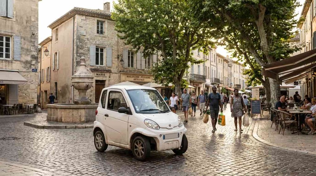 Quadricycle électrique circulant sur une place de ville française