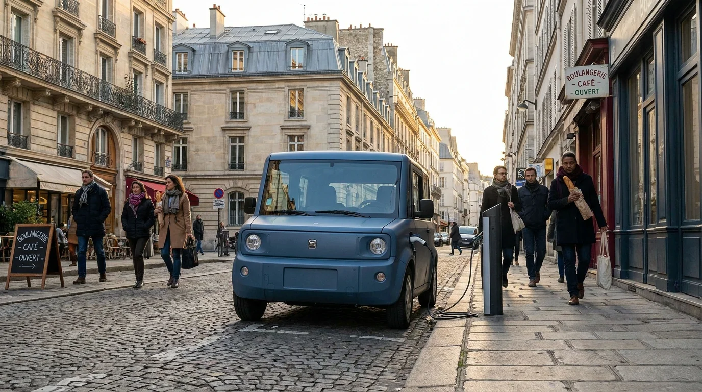 Quadricycle électrique garé dans une rue pavée en centre-ville français