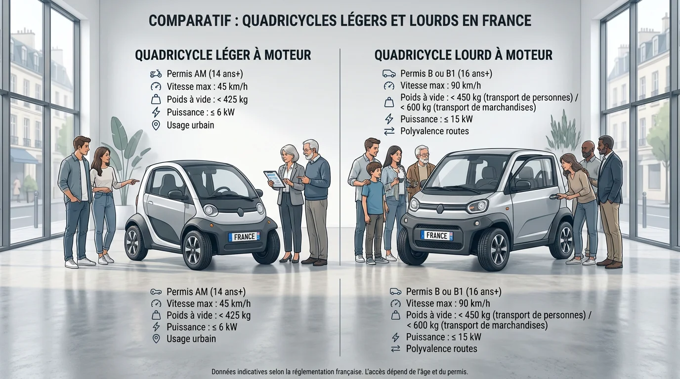 Comparaison visuelle entre un quadricycle léger et un quadricycle lourd en showroom