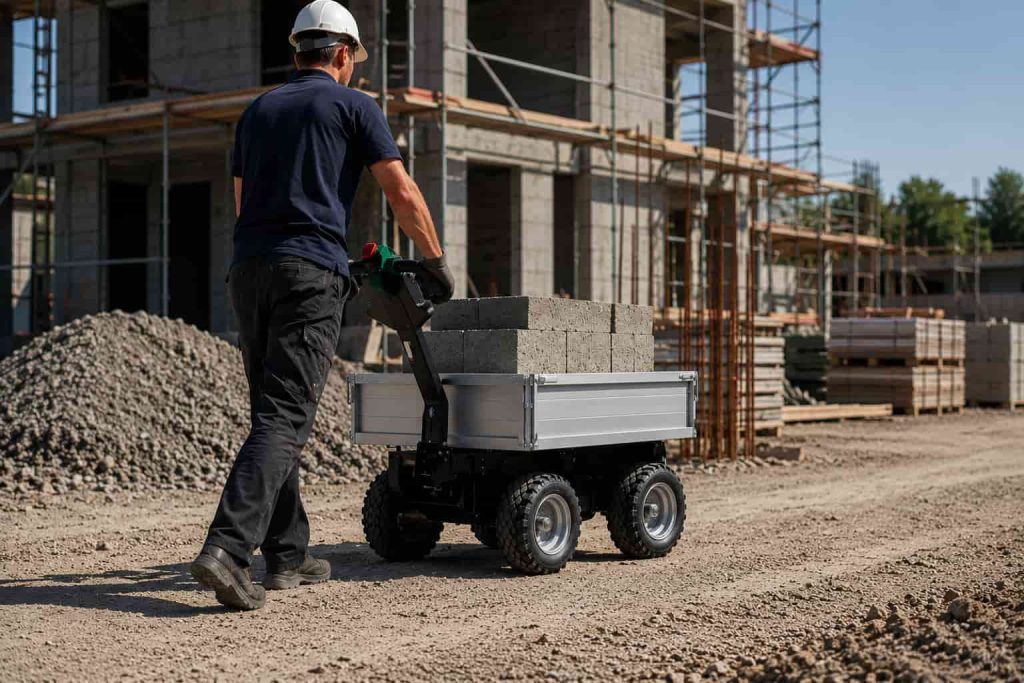 Un ouvrier poussant une brouette électrique dans un chantier
