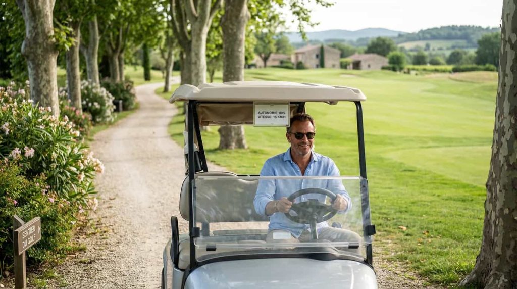 Homme européen conduisant une voiturette de golf électrique sur un parcours français