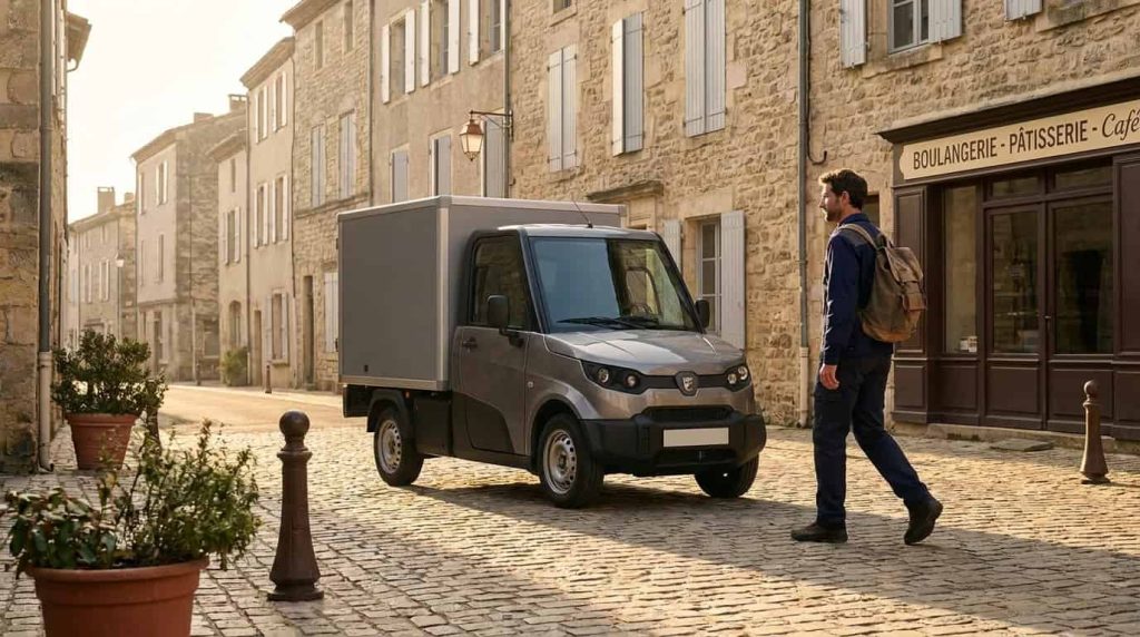 Petite voiture utilitaire électrique avec caisson fermé dans une rue française