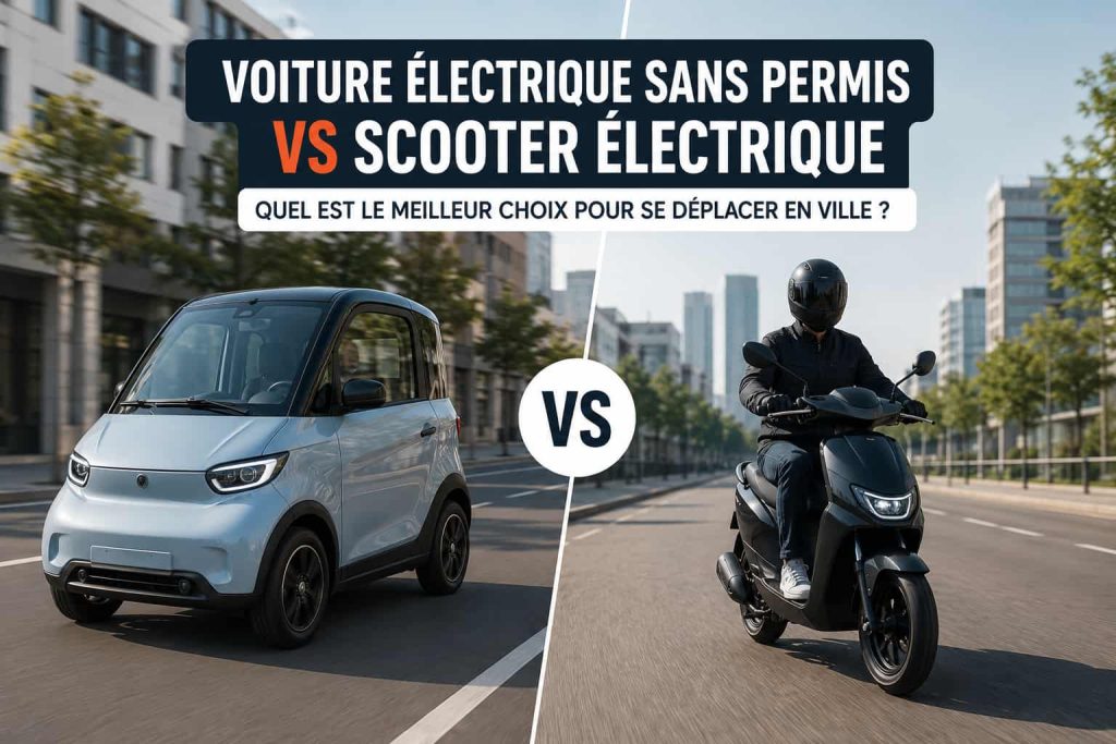Une voiture sans permis à côté d'un scooter électrique sur la route