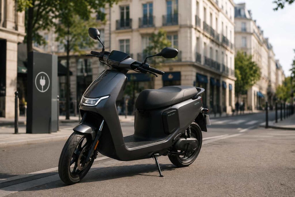 Un scooter électrique noir dans une rue parisienne