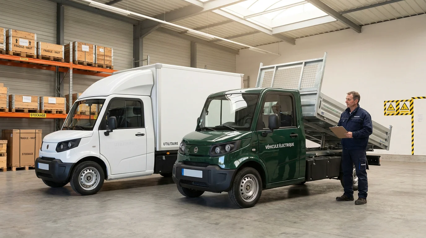 Deux petites voitures utilitaires électriques : version caisson fermé et version benne ouverte