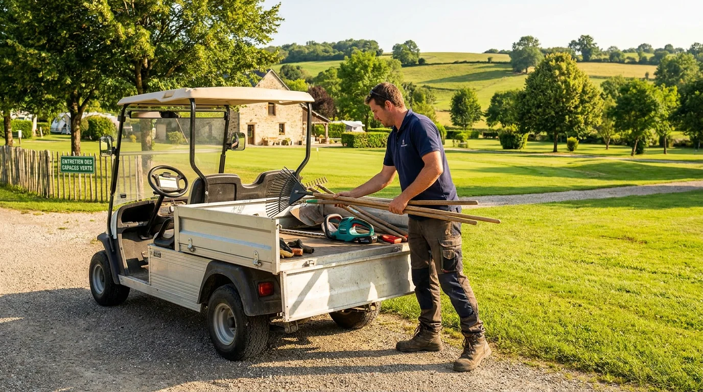 Petit utilitaire électrique à benne utilisé pour l'entretien d'un camping en France