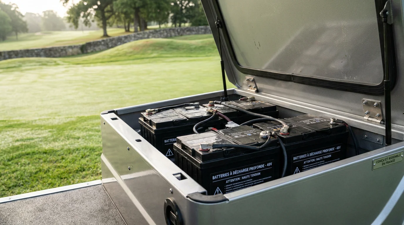 Voiturette de golf électrique avec compartiment batterie ouvert sur un parcours de golf français