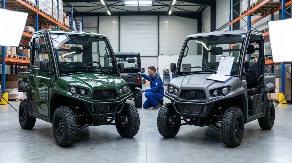 Comparaison entre une voiturette tout-terrain neuve et une voiturette reconditionnée en atelier