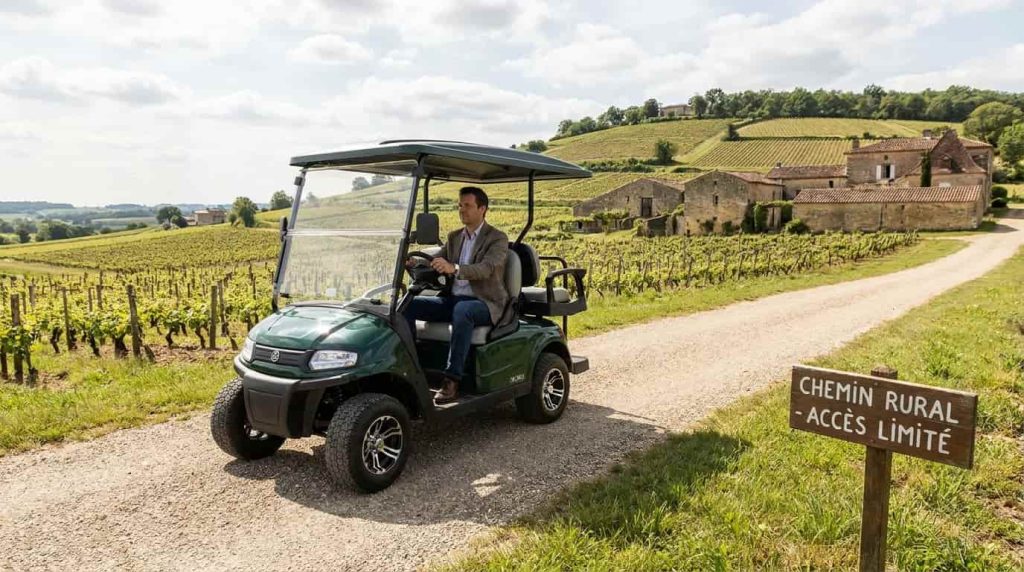 Voiturette électrique tout-terrain circulant sur un chemin de gravier dans un paysage viticole français