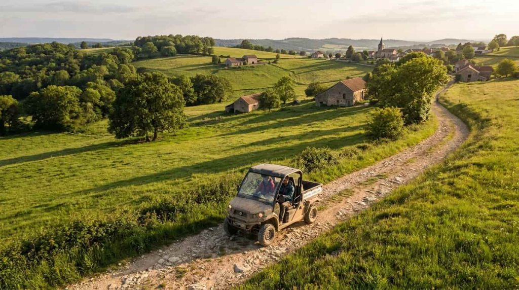 Voiturette tout-terrain électrique 4x4 sur un chemin vallonné dans la campagne française